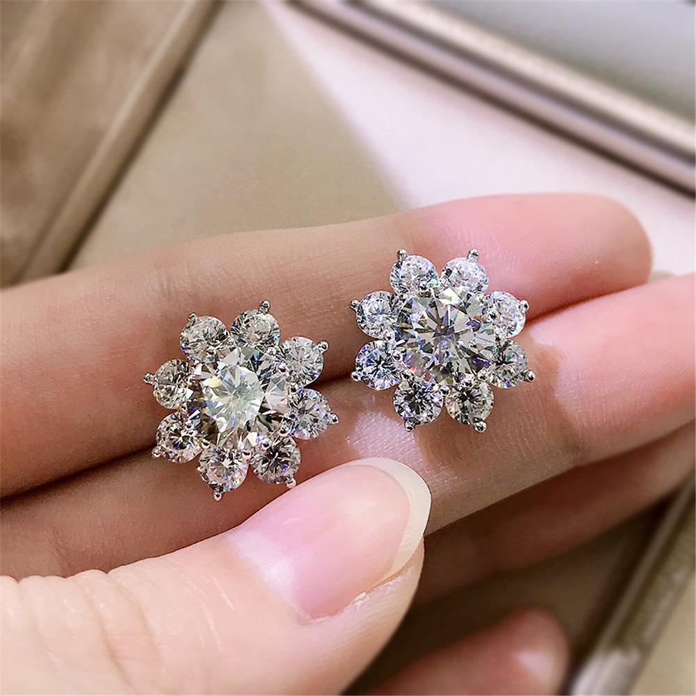 Cute Female Stone White Zircon Snowflake Stud Earrings Silver Color Wedding  For Women