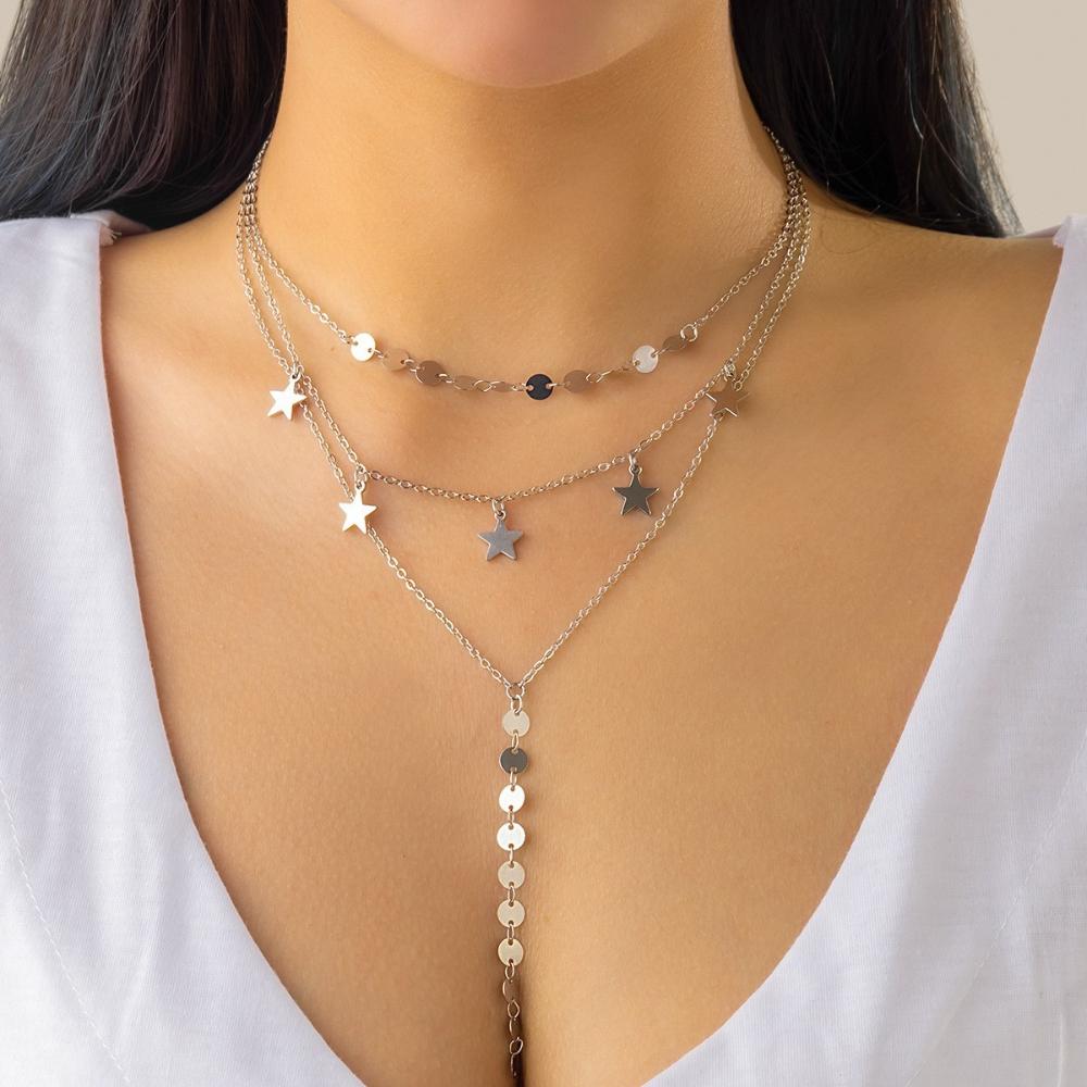 Trend Fashion Metal Sequins Fine Chain Hollow Pentacle Pendant Multi-layered Fold Wear Necklace for Women for Women Jewelry Gift
