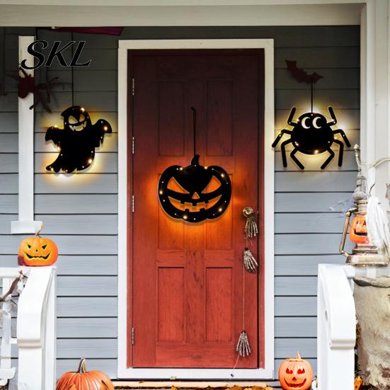 Halloween Home Decorations Pumpkin Hanging Decor, Non-Woven Ghost Ornament with Light String, Spooky Party Door Wall Decor for Scene, Trick