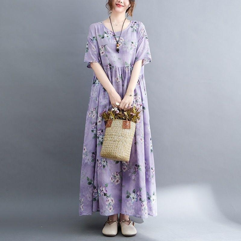 Summer New Literary Age Reduction Large Size Loose and Thin Printed Short-sleeved Long Dress with Pockets Over the Knee Skirt