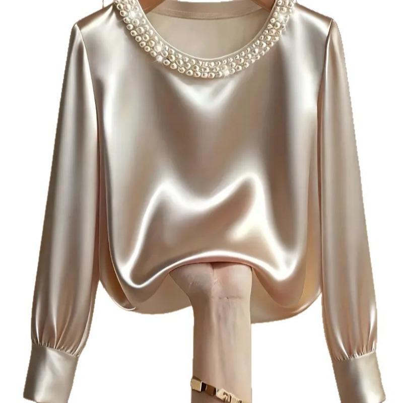 Spring and Autumn Pearl Round Neck Satin Women Shirt Loose Casual Long Sleeve Office Blouse Female Top O Neck Solid Color Simple Clothing