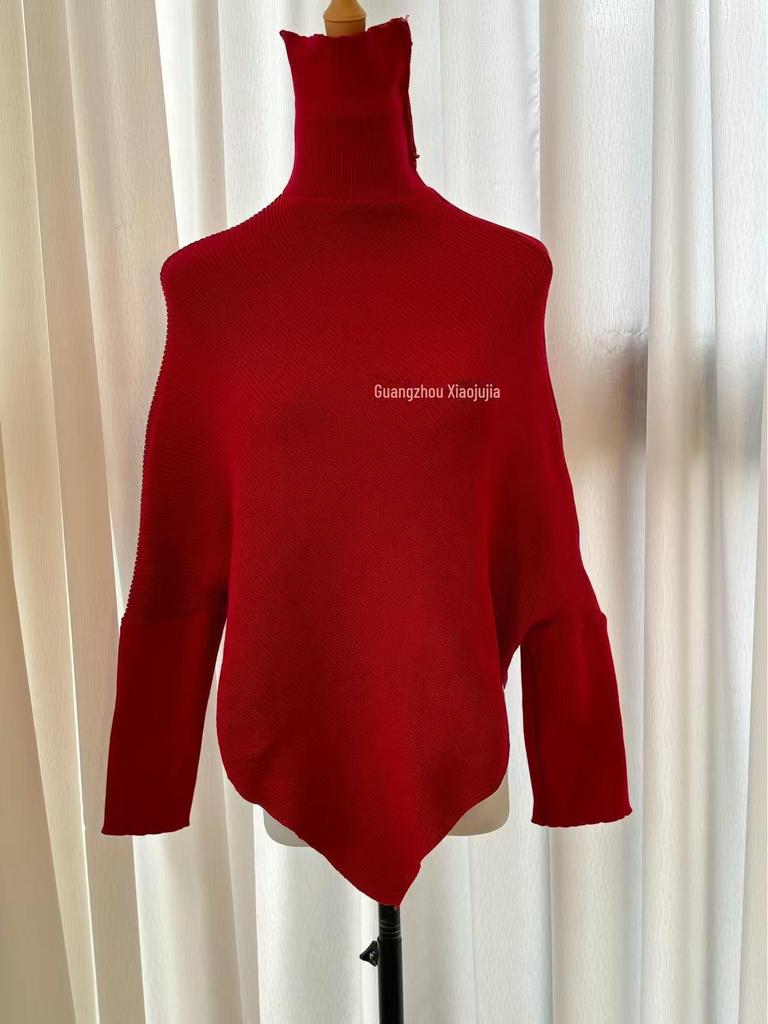 Women's Red High Collar Slim Knit Sweater - Autumn/Winter 2025 Korean Trend