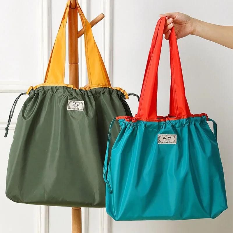 Foldable Eco-Friendly Shoulder Bags Women's Reusable Grocery Bag Large Capacity Foldable Shopping Bag with Drawstring Closure