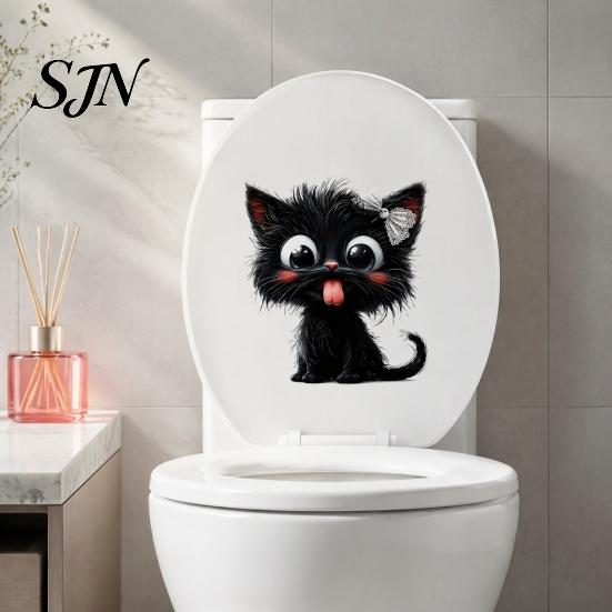 Süße Haustier-Themen Badezimmerdeko Halloween Zunge Raus Schwarze Katze Toilettendeckel Aufkleber, Cartoon Kätzchen Kreative Heimgeschenke Aufkleber, Wasserdicht