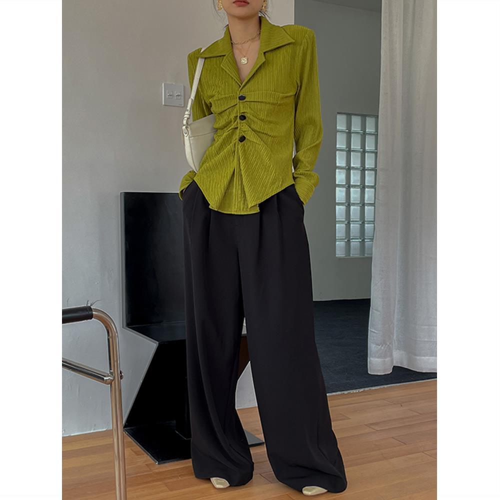 Retro Texture Pleated Mustard Green Shirt Loose Hong Kong Style V-neck Lapel Early Autumn Top New