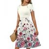 Women's Casual Fashion Round Neck Pleated Short Sleeve Retro Floral A-Line Midi Dress