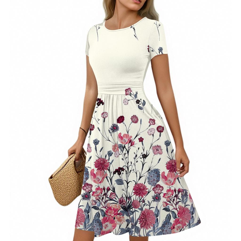 Women's Casual Fashion Round Neck Pleated Short Sleeve Retro Floral A-Line Midi Dress