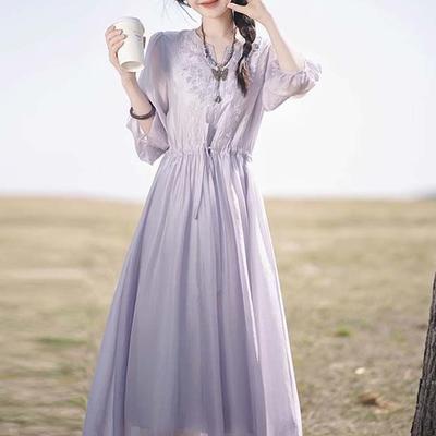 Letní Nové Maxi Šaty Jednobarevné Dámské Výstřih do V Tříčtvrteční Rukáv Módní Šaty Elegantní Vyšívaná Patchworková Krajka Šik Vestidos