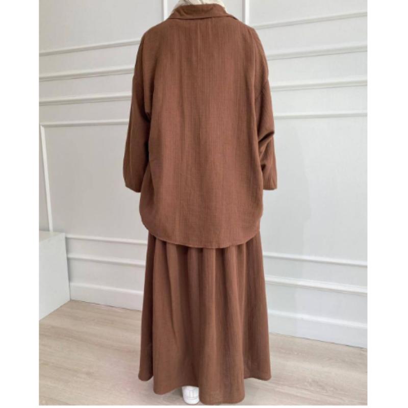 2 pezzi camicia a maniche lunghe + gonne Eid donne musulmane eleganti set Abaya Dubai Turchia islamico casual top tinta unita gonna moda