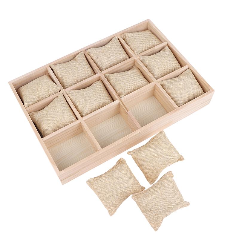 Drewniany 12-miejscowy organizer na zegarki, biżuterię i bransoletki z wyjmowanymi poduszkami flanelowymi