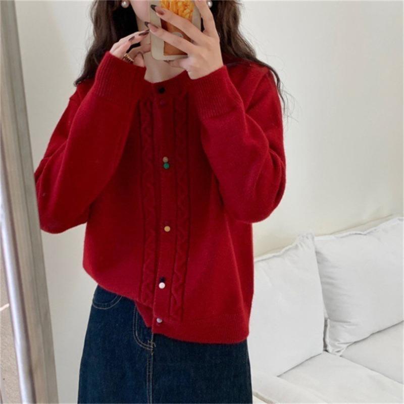 Sweet Soft Waxy Knitted Cardigan Top Women's Autumn and Winter New Color Buckle Loose Gentle Wind Sweater Jacket