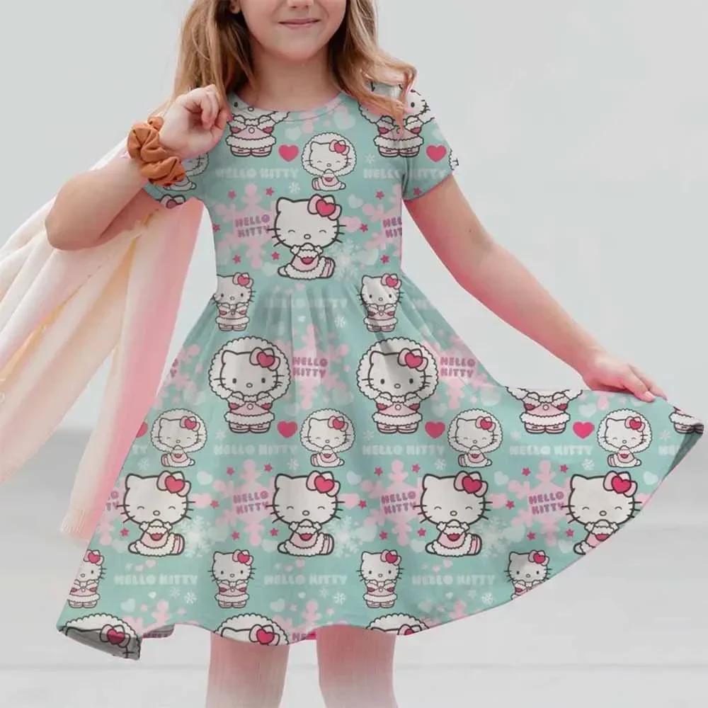 New Summer Dress Fashion Cartoon Cute Hello Kitty 3D Print Dresses Kids Short Sleeve Princess Girls Party Children Clothes