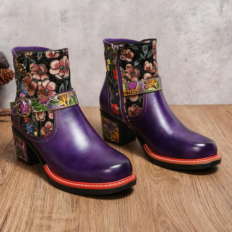 Johnature Vintage Floral High Heeled Women's Boots Genuine Leather Shoes Hand-painted Belt Buckle Fashion Short Boots