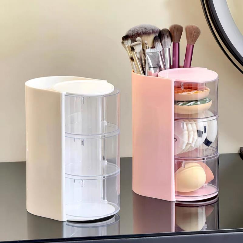 Rotating Dustproof Storage Box Cosmetic Egg Cushion Lipstick Brush Organizer Stand Makeup Brush Holder Desk Jewelry Organizer