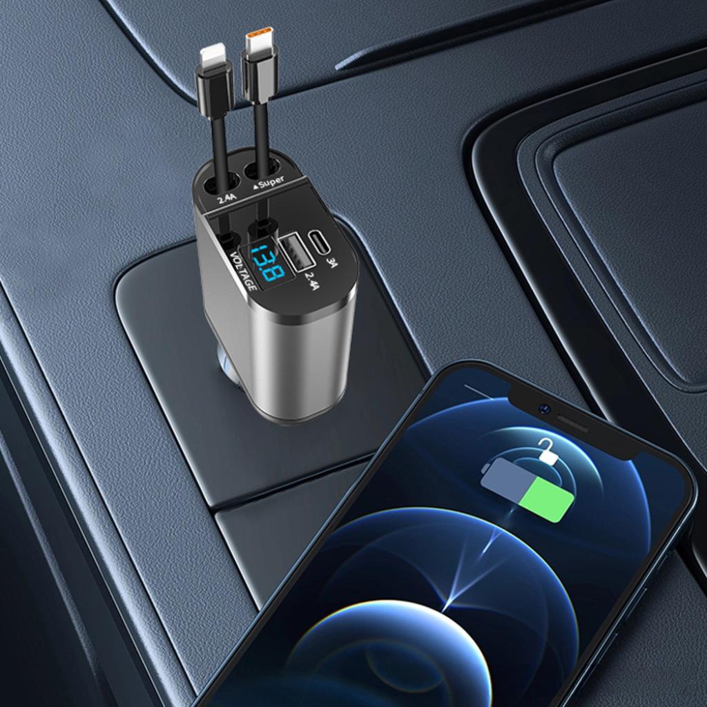 100W Digital Display Fast Charging USB Car Cigarette Lighter Splitter with Four Ports