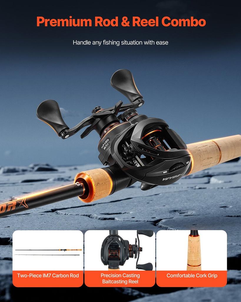 Rod and Fishing Reel Combo, IM7 Carbon Fiber Baitcasting Rod and Reel Combo, Bass Fishing Pole with 7+1 BB System, 7.0:1 Gear Ratio, Cork Handle,