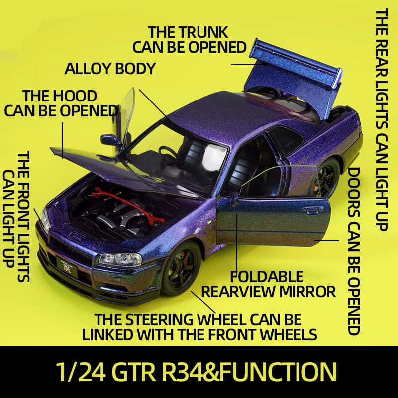 1:24 Simulation Scale GTR R34 Skyline Supercar Alloy Model Die-cast Metal Vehicle with Sound and Light Pull Back Function Toy Boy Birthday Gift