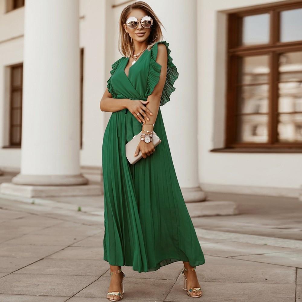 Mode Elegant Einfarbig Plissiert Kleider Damen V-Ausschnitt Hohe Taille Schnürung Rüschenärmel Chiffon Langes Kleid Weiblich Vestidos