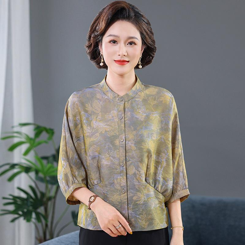 Imitation Silk Slimming Summer Top for Middle-Aged Women - Age-Defying, Tummy-Covering, Elegant Shirt for 50+ Noblewomen