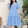 ZANZEA Women Casual Round Neck Loose Floral Embroidery Short Sleeve Dress