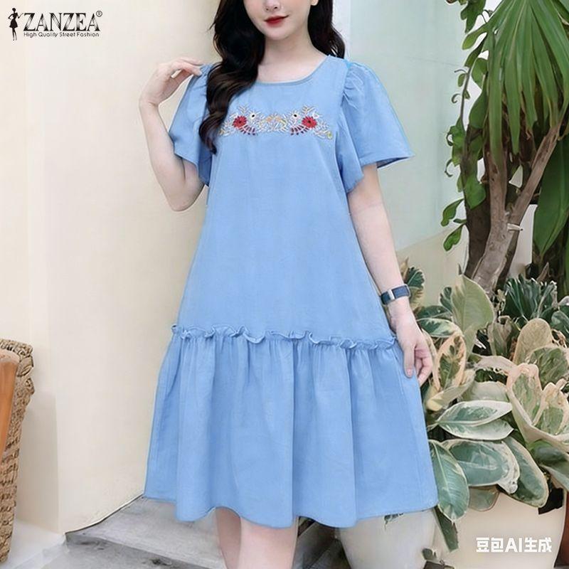 ZANZEA Women Casual Round Neck Loose Floral Embroidery Short Sleeve Dress