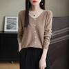 Womens 100 Merino Wool Cardigan V Neck Single Button Solid Color Loose Casual Top