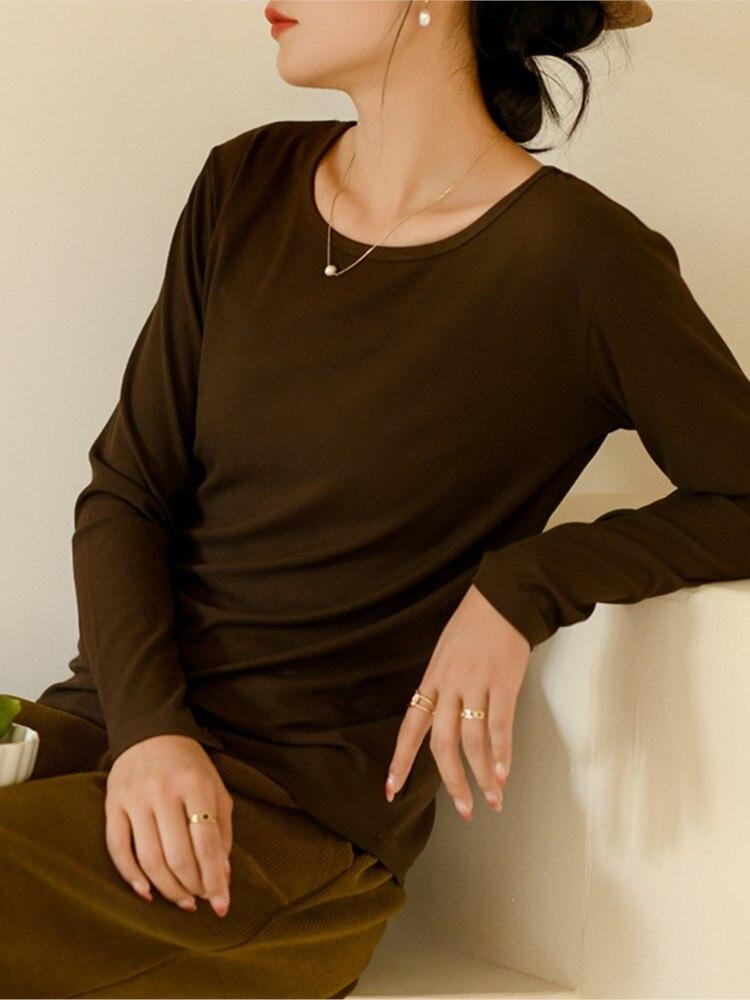 

Johnature женские однотонные хлопковые осенние футболки с длинными рукавами, мягкие повседневные женские футболки XL кофейный