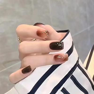 24 Stück Herbst Heißer Verkauf Tragen Nagel Hellbraun Verwischtes Katzenauge Bernstein Nagelkunststück Vollfarbe Retro Aufhellender Nagel