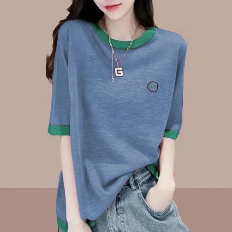 

Contrast Color Splicing Basic Right Shoulder Bamboo Cotton Short-sleeved T-shirt Women s Summer New Loose Bottoming Shirt Top 4XL синій
