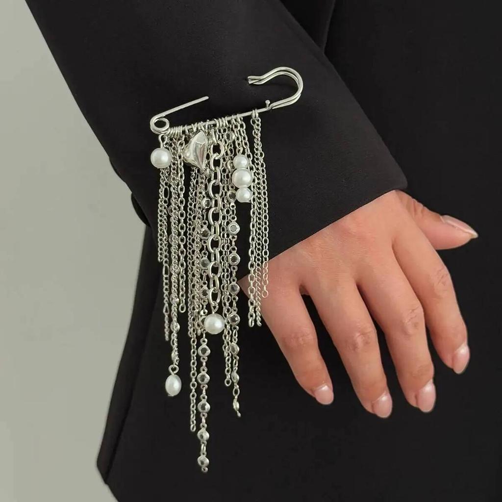SHIXIN Multi-Layer Beaded Tassel Brooches Women Exquisite Heart Imitation Pearl Pendant Brooch Pin Versatile Clothing Accessory