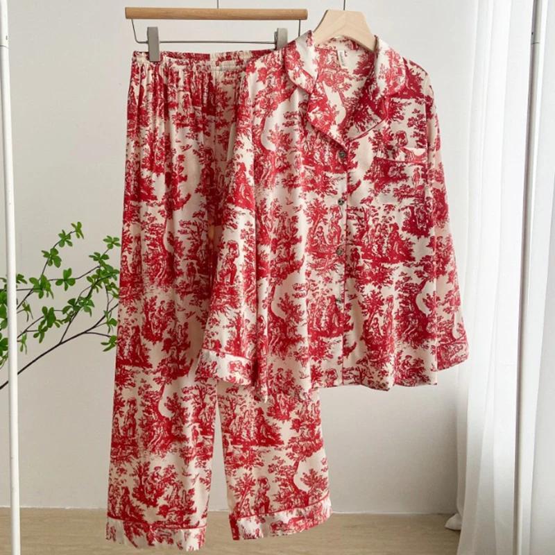 Printed Satin Pajamas Women's 2-piece Pajama Set Long-sleeved Trousers Pajama Set Loose Casual Home Wear Pajamas Casual Wear