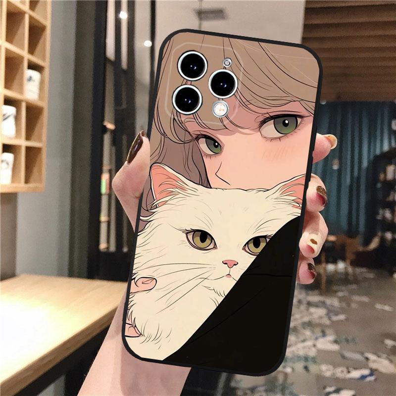 Anime Girl Woman Holding a Cat Phone Case For iphone 16 15 14 Pro Max 16 15 14 13 12 Pro 15Plus iphone 11