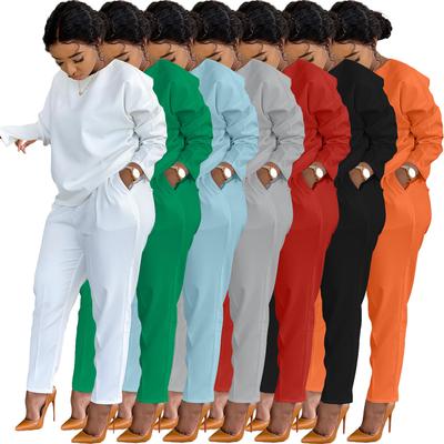 Spring Autumn Women's Thick Fabric Two Piece Set, Round Neck Loose Fit Top with Comfortable Pants, Casual Solid Color Coord Outfit for Daily Wear