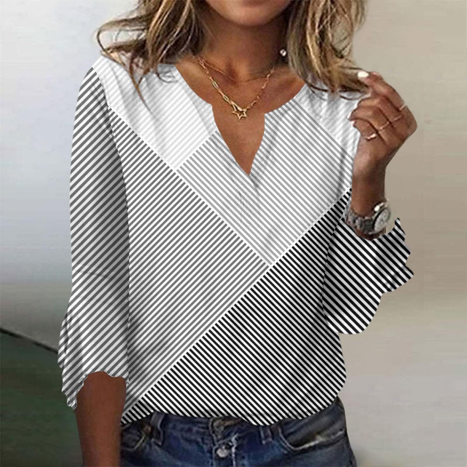 Women s Tops Loose Casual V-Neck Vintage Printed Flared Sleeve Seven Sleeve T-Shirt XXL