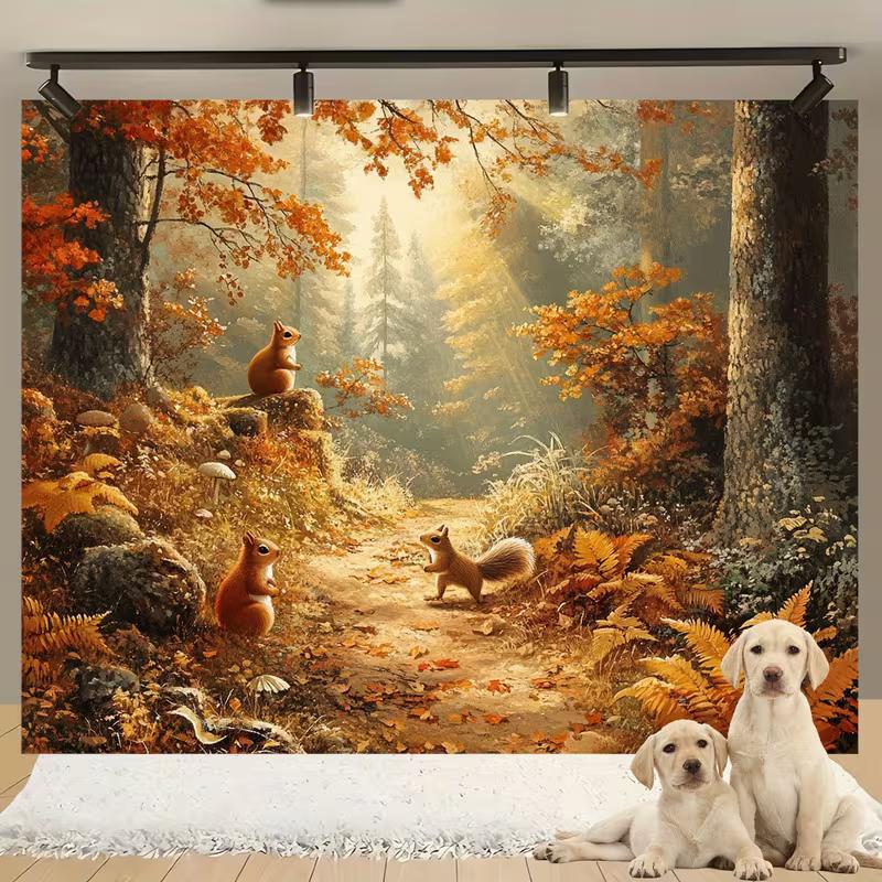 2D Autumn Forest Backdrop, Sunlit Path with Squirrels for Fall Themed Parties and Photography