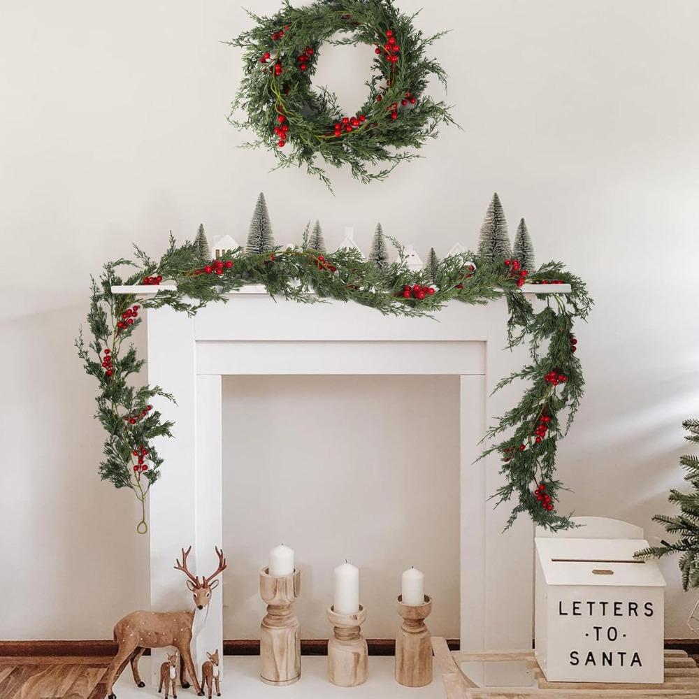 Christmas Garland 6FT Artificial Cedar Pine Garland Realistic Winter Greenery with Red Berries Garland for Christmas Party Xmas Table Mantle Wall Room