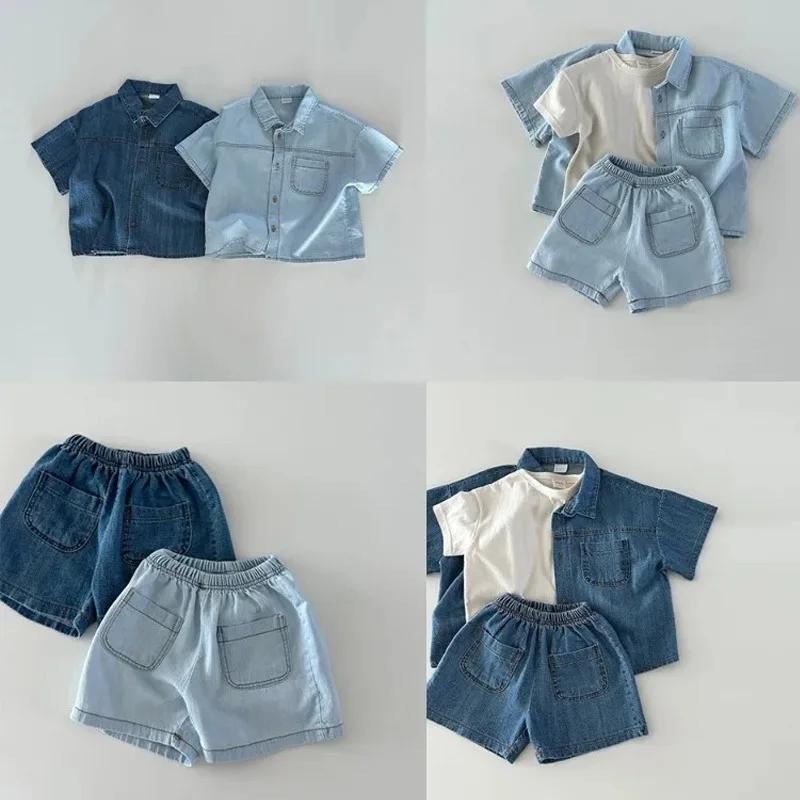 Korean Version of Short Sleeved Denim Shirt + Shorts Set for Boys and Girls Summer Fashionable Two-piece Set