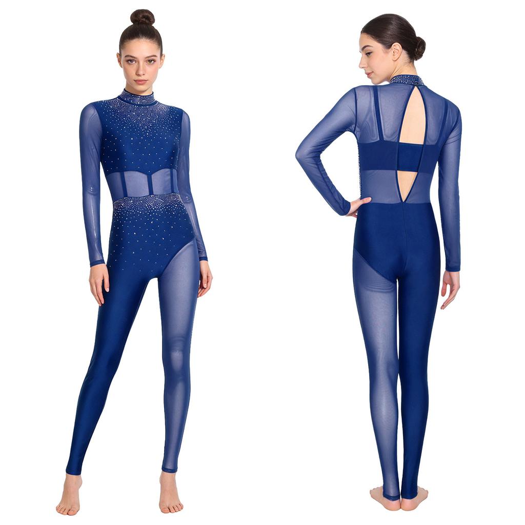 Błyszczący Kombinezon Pełnego Krycia na Scenę S-XXL: Damska odzież sportowa z panelami z przezroczystej siateczki i detalami na plecach
