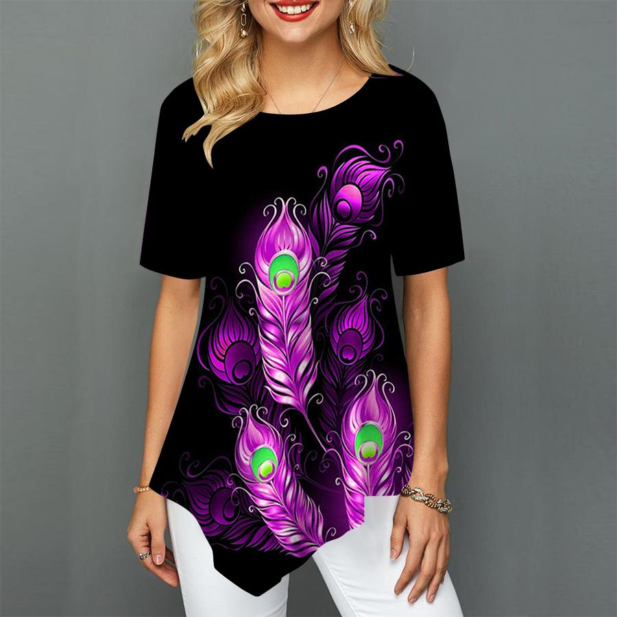 Mode O Hals 3D Feder Druck Unregelmäßiger Saum Lose Frauen T Shirt Tops Frühling Sommer Neue Damen Tragen Trendy Kleidung XS-8XL