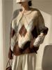 Autumn and winter new rhombus pullover women's loose versatile crew neck wool knitted sweater top