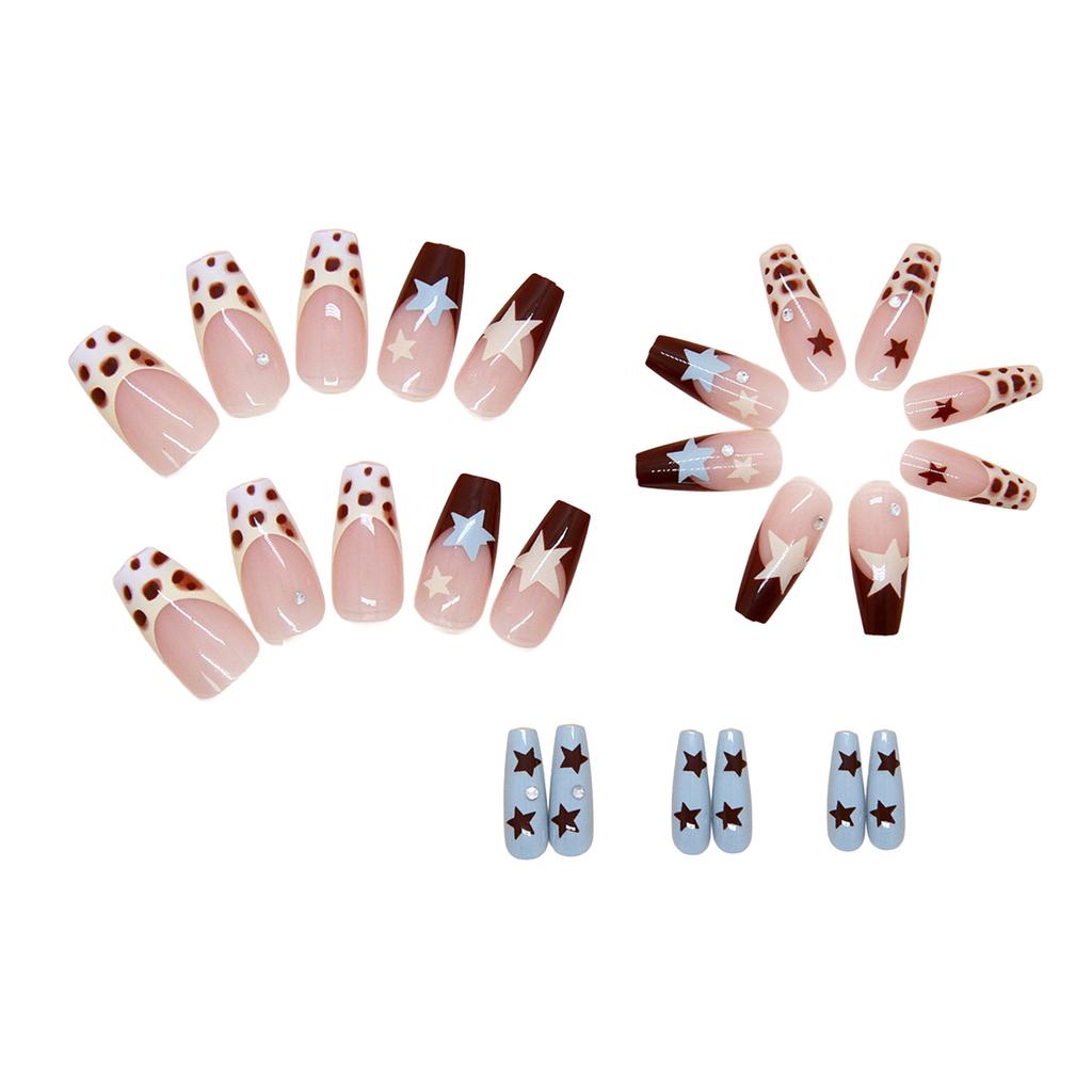 French Style False Nails With Star Decoration 24 Pieces Set For Party And Wedding