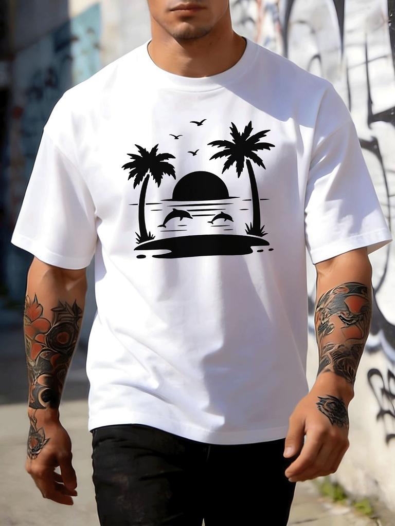Coastal Dolphin Palm Sunset Unisexs Tee Cotton Short Sleeve Loose Summer Beach Vacation Casual Daily Male Street Tops For Adult Unisex