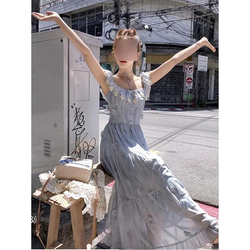 Girls three-dimensional flower flying sleeve dress women's summer casual new waist A character thin sweet long skirt