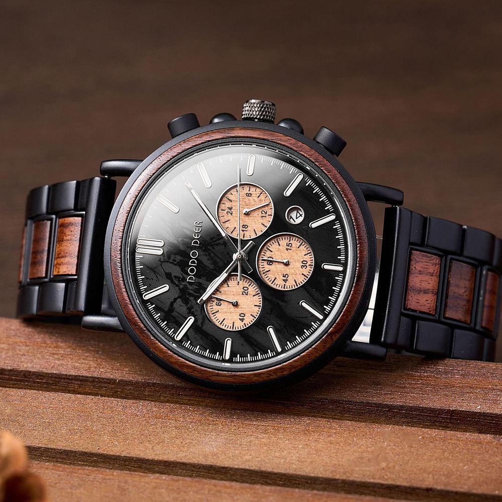 Wood Watch Wateproof Quartz Analog Watches Wooden+metal Strap Chronograph Date Unique Personalized Gifts