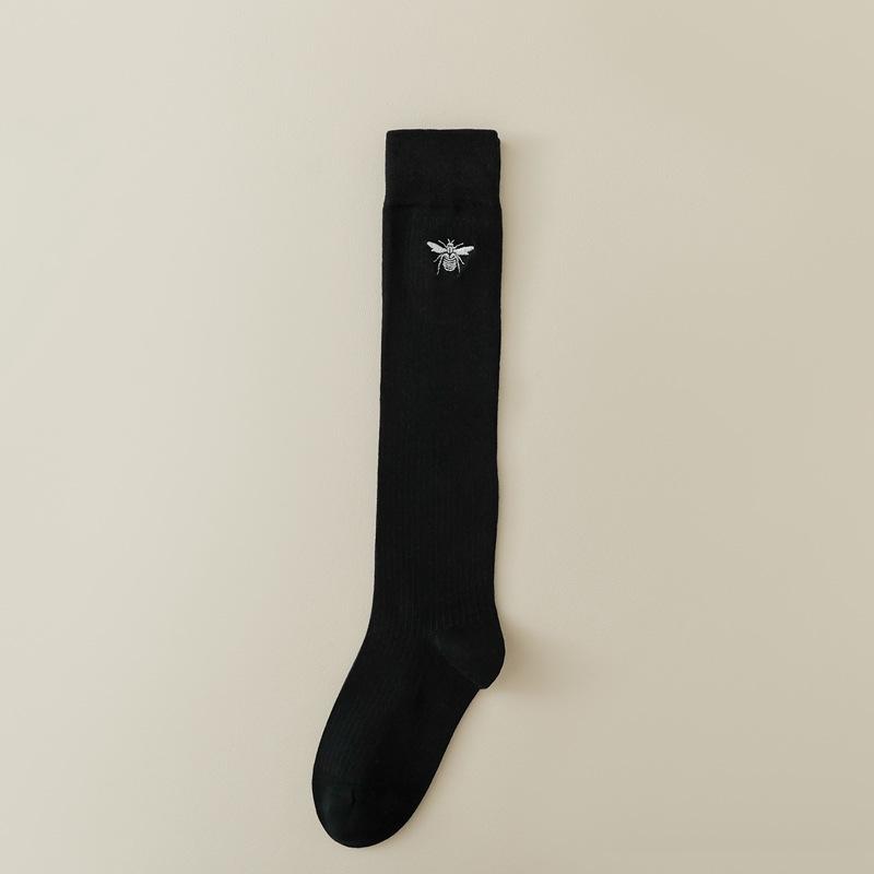 Women Stockings Bee Embroidery Long Socks Solid Color Black White Gray Stockings Knitted Cotton Knee Socks Women Stockings