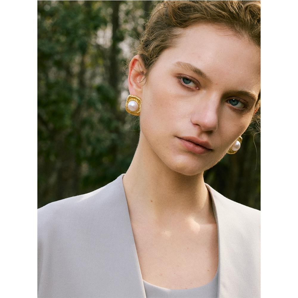 Yhpup Vintage Simulated Pearls Stainless Steel Metal Square Stud Earrings for Women Trendy Fashion Jewelry Anti Allergic