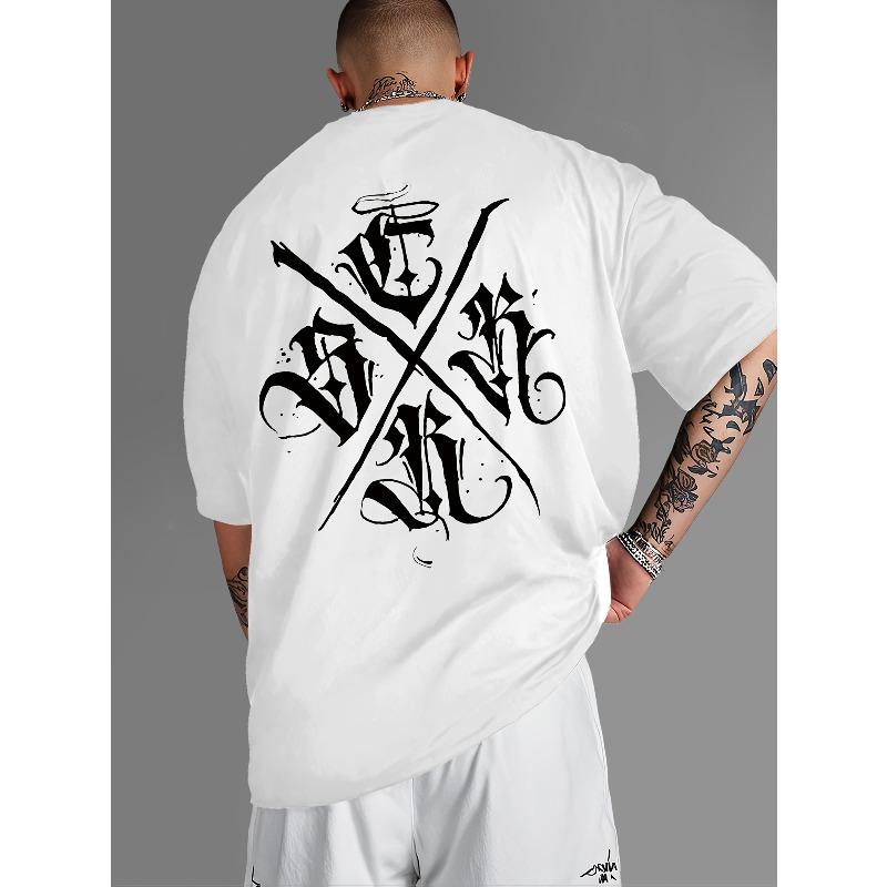

Men S Fashion T-Shirt With Geometric Pattern And Letter Combination Print | Casual Crew Neck, Regular Fit, Short Sleeves For Summer 4XL білий