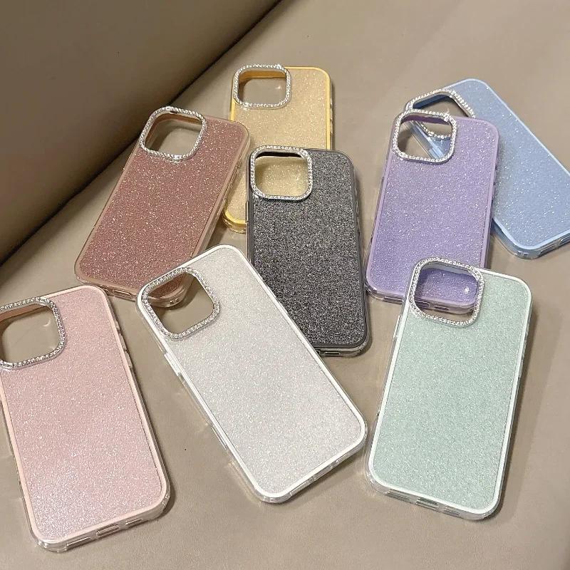 3 IN 1 Bling Glitter IMD Candy Color Phone Case For iPhone 16 15 14 13 12 11 17Pro Max Plus Diamond Camera Protector Shining Cover