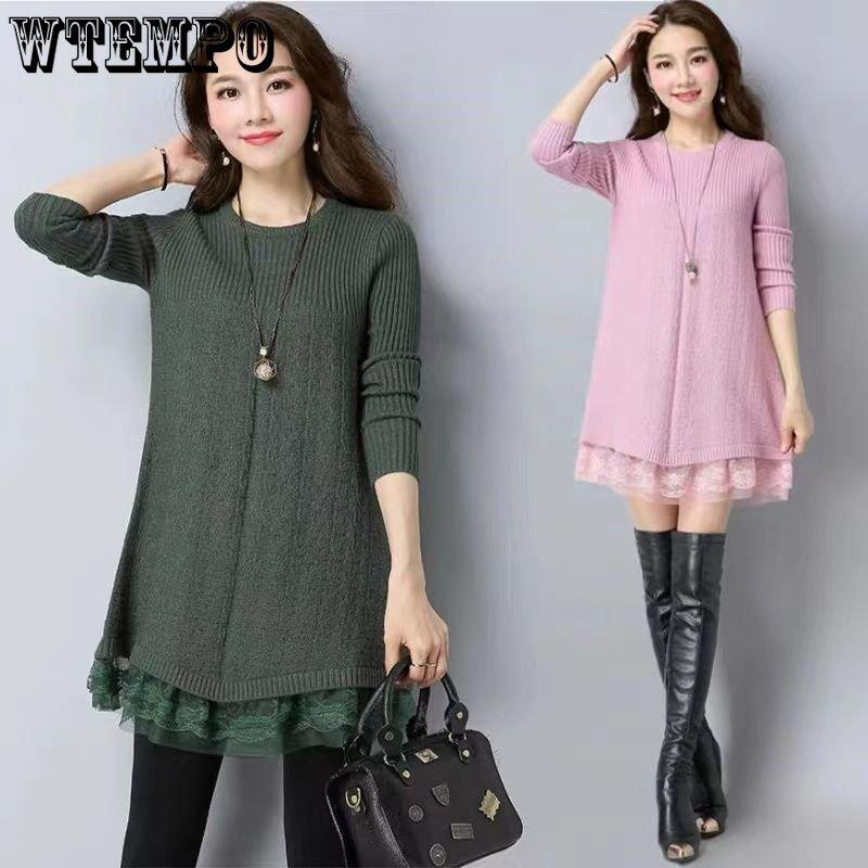 

Осенне-зимнее кружевное шерстяное платье средней длины с круглым вырезом в стиле пэчворк, кружевной свитер, модная трикотажная нижняя рубашка средней длины, тонкое платье