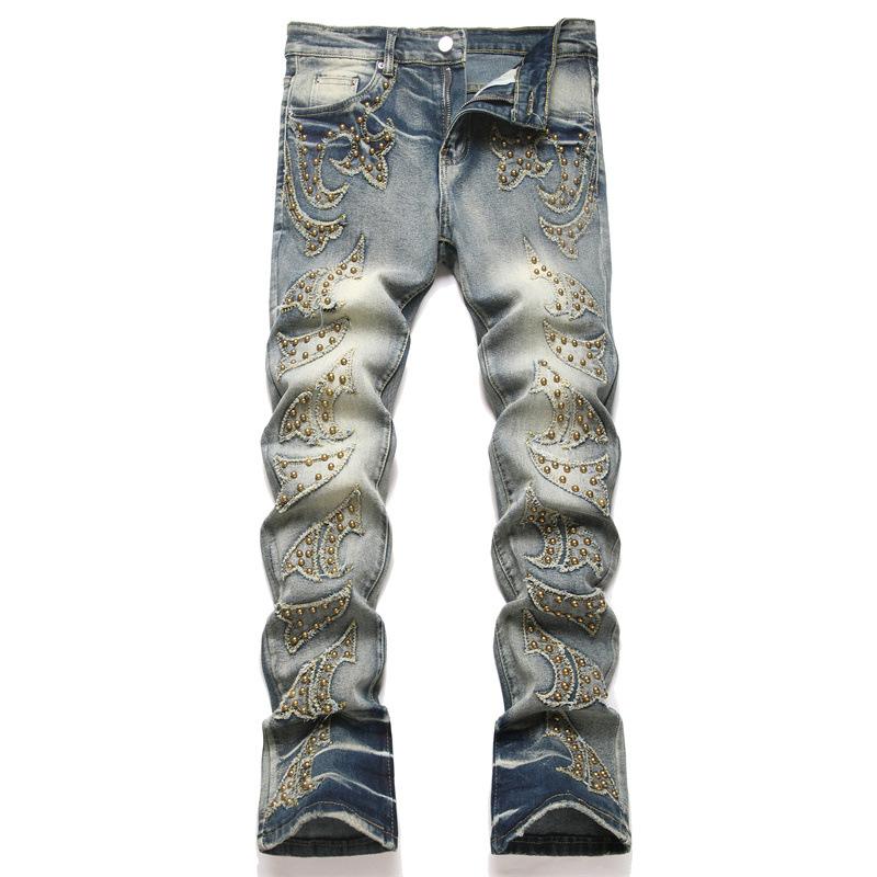 

Style Denim Blue Slim Fit Elastic Ripped Patch Youth Straight-leg Cargo Jeans 3958 33 синій